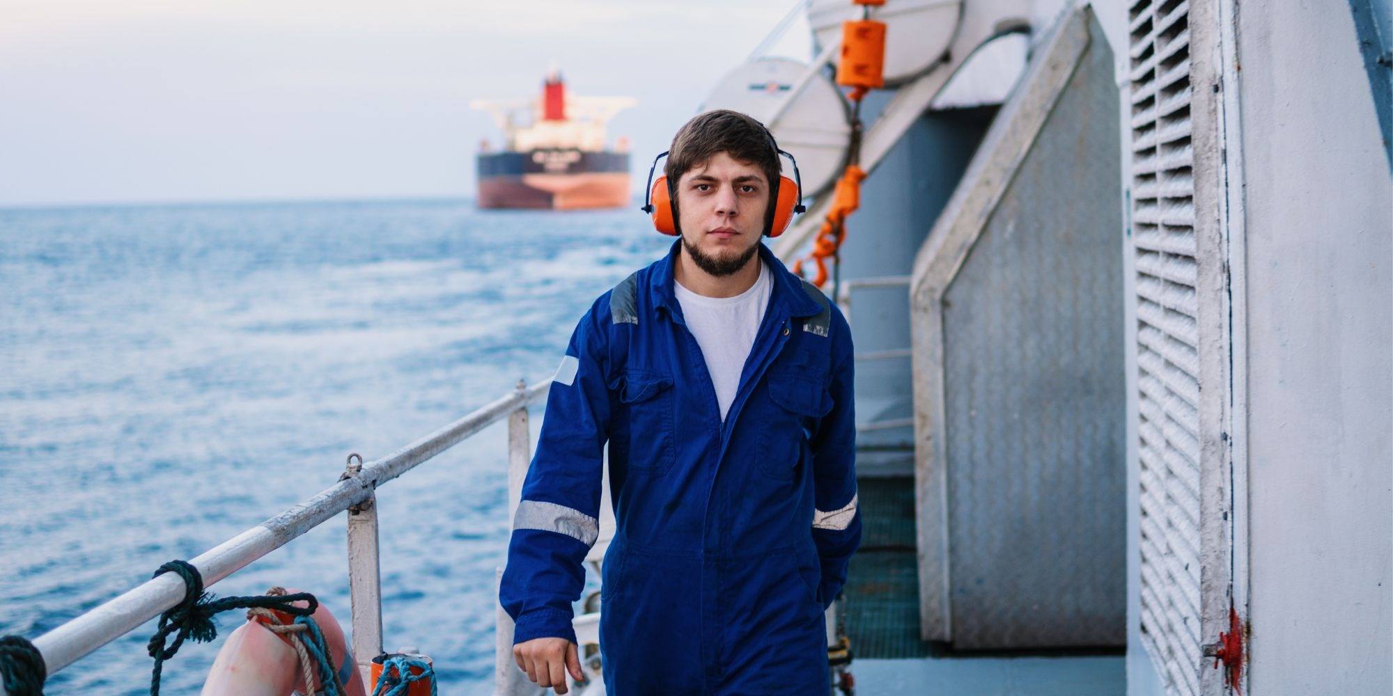 A worker in blue coveralls and ear protection standing on a ship deck, with a tanker visible in the background
