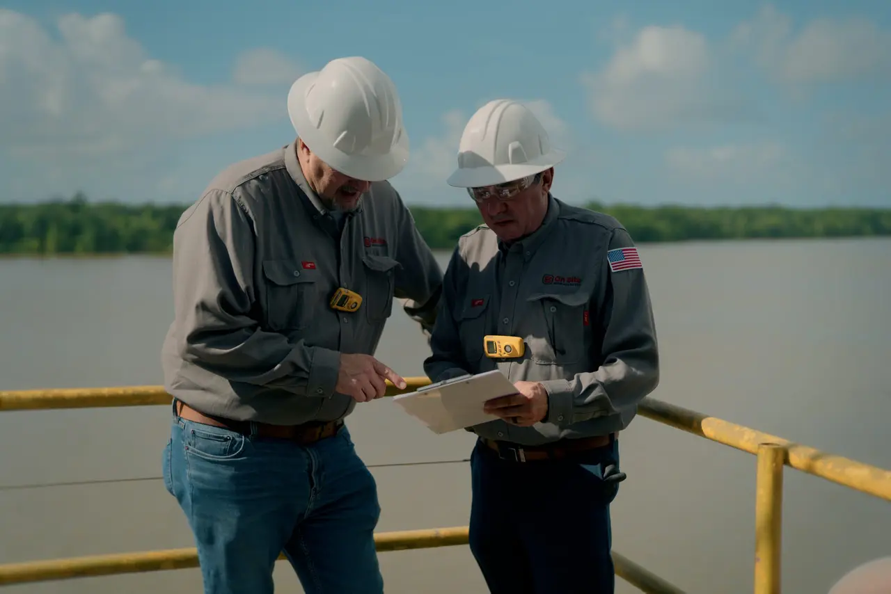 An On Site crew coordinating health, safety, and logistics on the rig deck